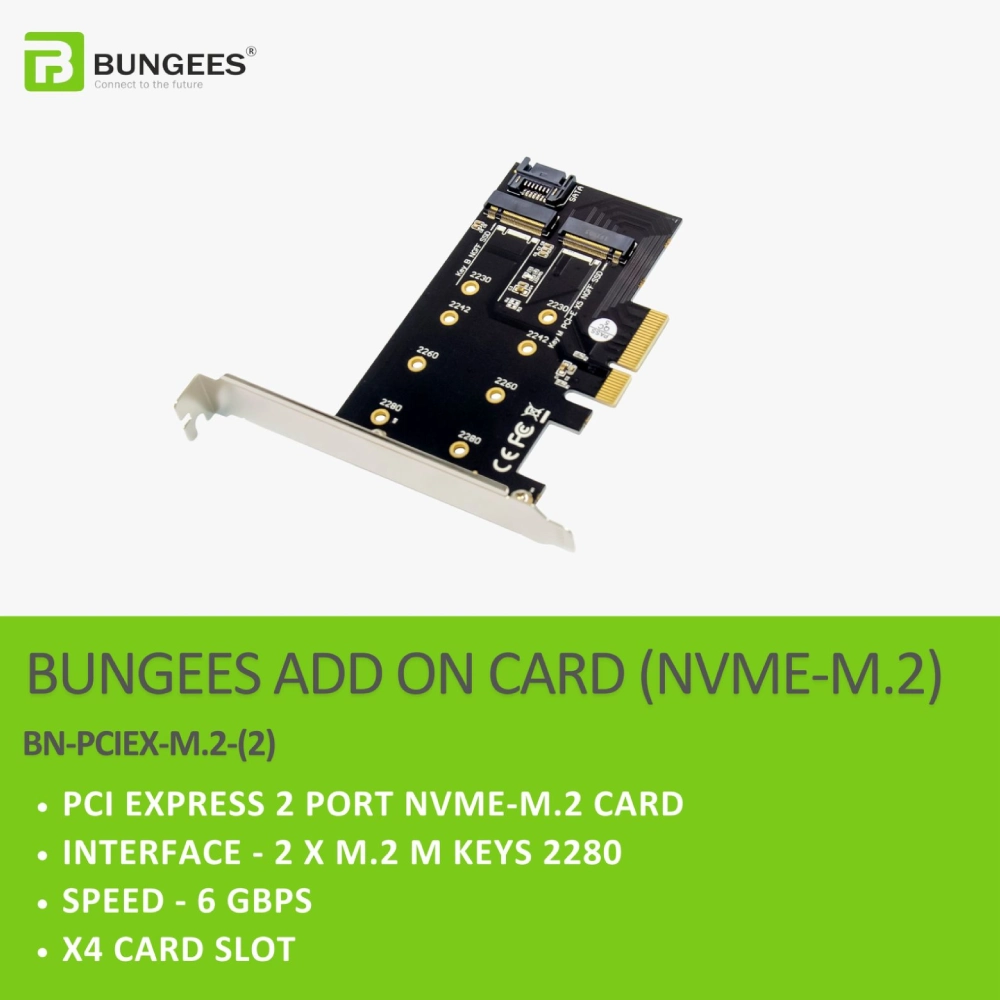 Bungees PCIe x4 To 2 M.2 NVMe SSD Slot Add On Card view 3